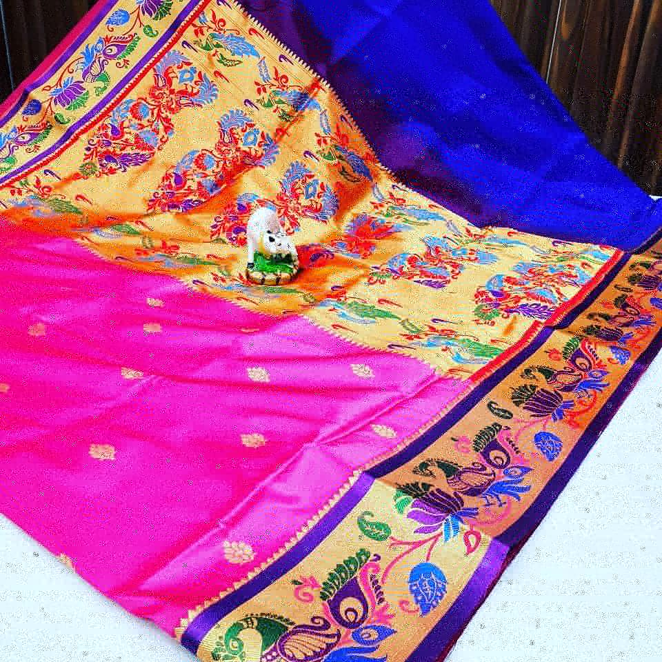 Dual tone Peacock Pallu Design Pure Cotton Paithani Saree