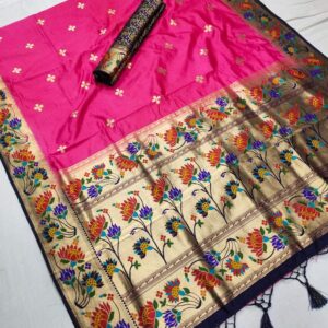 Soft Silk Designer Lotus Paithani Saree – Rani Pink